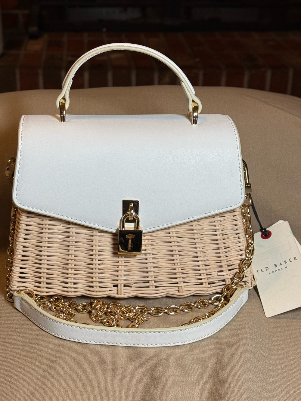 Ted Baker White Leather & Natural Wicker Top-Handle Satchel NWT